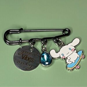 Good Vibes Only Blue Rhinestone Cinnamoroll Charmed Safety Pin Brooch Handmade